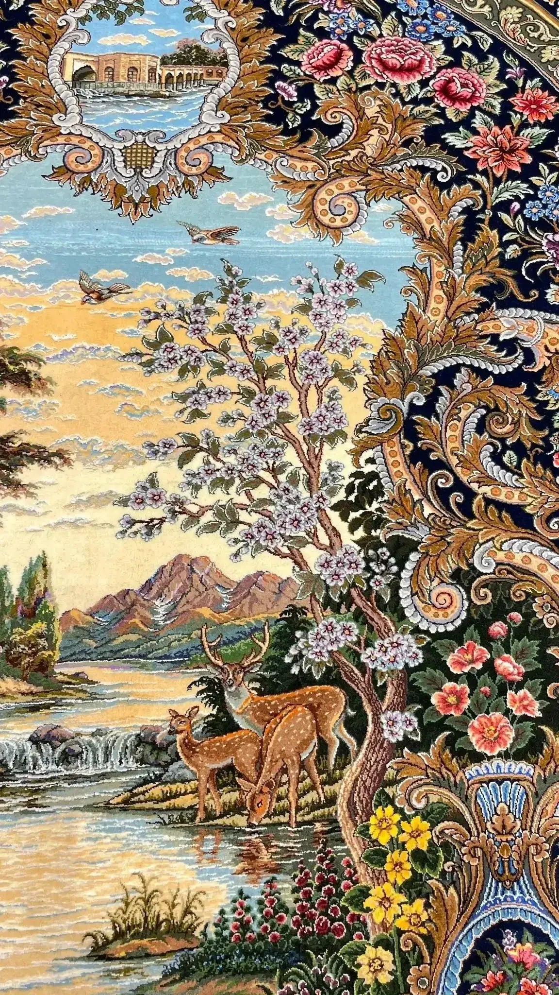 "Mirzaie’s handcrafted Persian rug – Wool and silk blend, Isfahan origin, 230x160 cm, available online"
